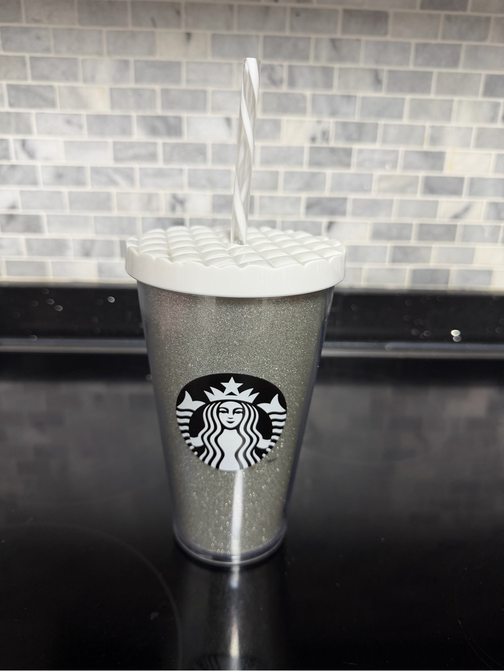 Starbucks Silver Glitter Tumbler with White Lid and Straw